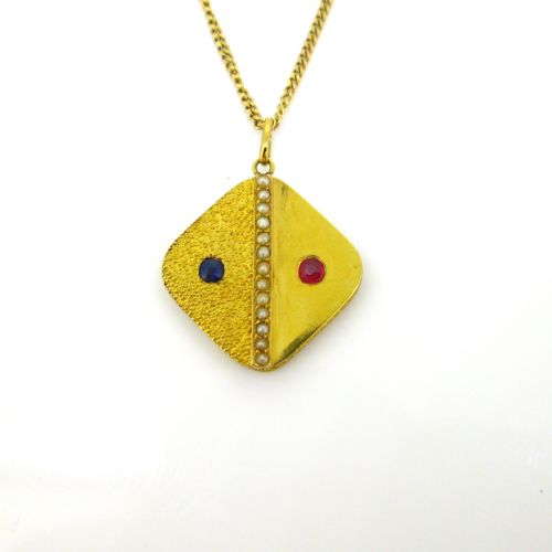 ANTIQUE VICTORIAN SAPPHIRE RUBY AND PEARLS PENDANT 18KT YELLOW GOLD CIRCA 1880 - ADDITIONAL PHOTO 1