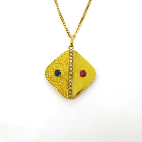 ANTIQUE VICTORIAN SAPPHIRE RUBY AND PEARLS PENDANT 18KT YELLOW GOLD CIRCA 1880 - ADDITIONAL PHOTO 3