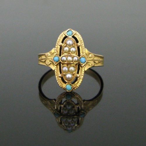 antique victorian turquoise and pearls ring 18kt rose gold circa 1880 - CATEGORY: ANTIQUE JEWELLERY - DATED VICTORIAN