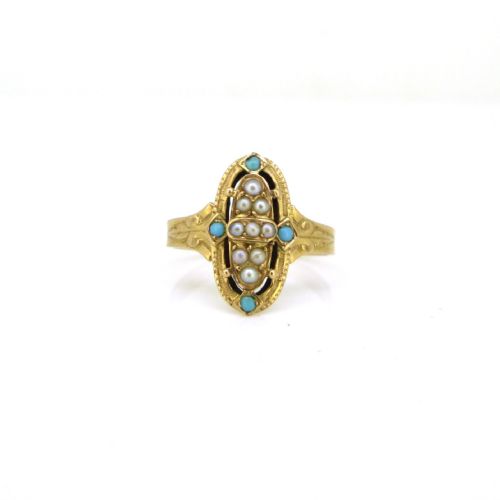 ANTIQUE VICTORIAN TURQUOISE AND PEARLS RING 18KT ROSE GOLD CIRCA 1880 - ADDITIONAL PHOTO 1