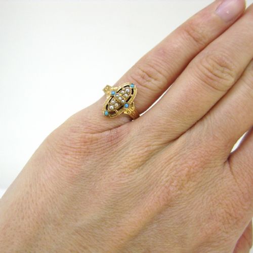 ANTIQUE VICTORIAN TURQUOISE AND PEARLS RING 18KT ROSE GOLD CIRCA 1880 - ADDITIONAL PHOTO 6