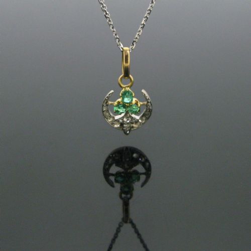 antique belle epoque emerald diamond trefoil crescent pendant circa 1910 - CATEGORY: ANTIQUE JEWELLERY - DATED EDWARDIAN