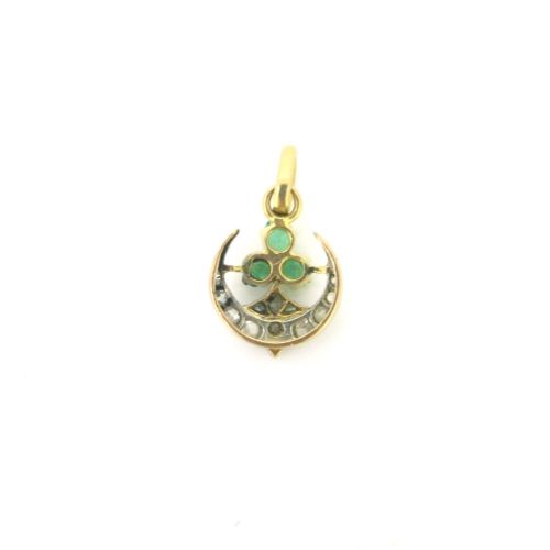 ANTIQUE BELLE EPOQUE EMERALD DIAMOND TREFOIL CRESCENT PENDANT CIRCA 1910 - ADDITIONAL PHOTO 2