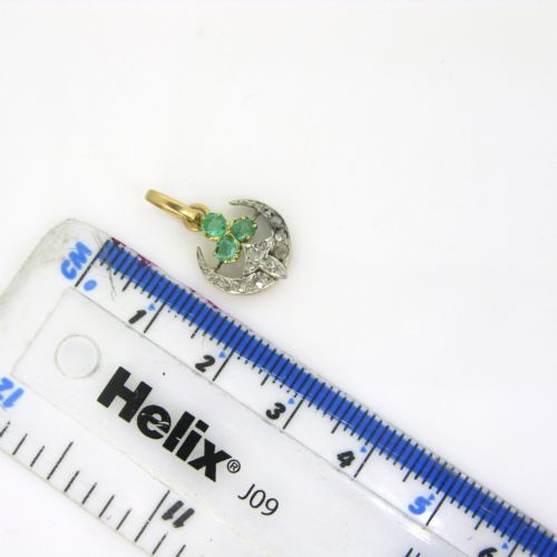 ANTIQUE BELLE EPOQUE EMERALD DIAMOND TREFOIL CRESCENT PENDANT CIRCA 1910 - ADDITIONAL PHOTO 3