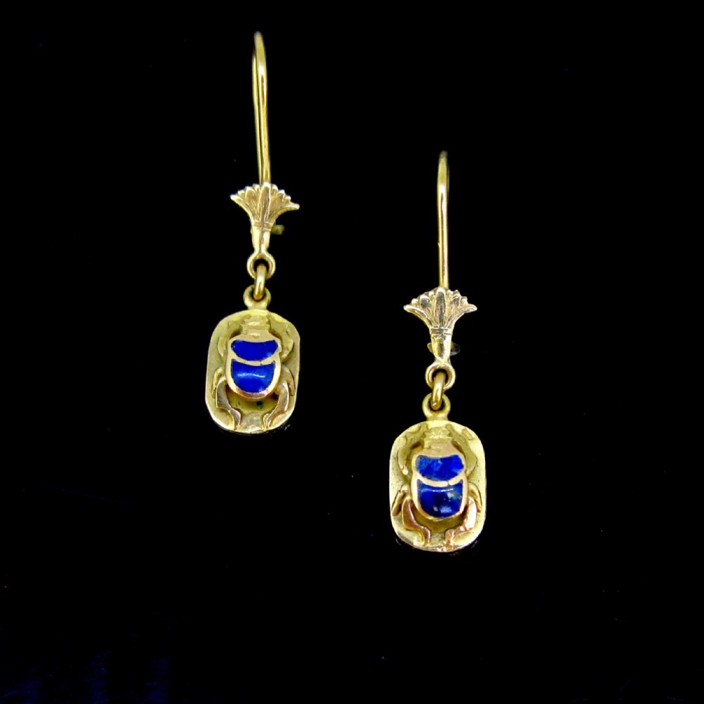Vintage Egyptian Lotus Scarab Dangles Earrings, 18kt yellow gold, circa 1950
