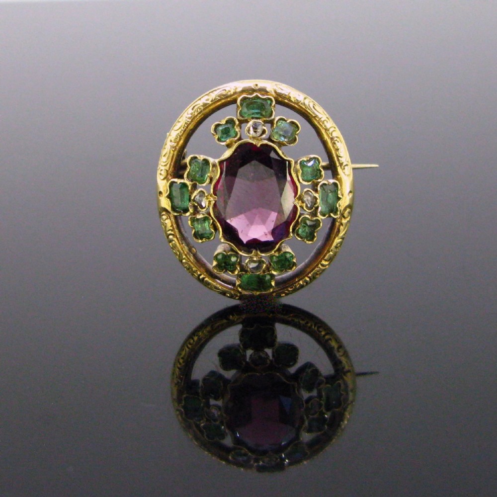 Antique Victorian Garnet, Emeralds and Diamonds Brooch, 18kt Yellow Gold Brooch, circa 1880, France