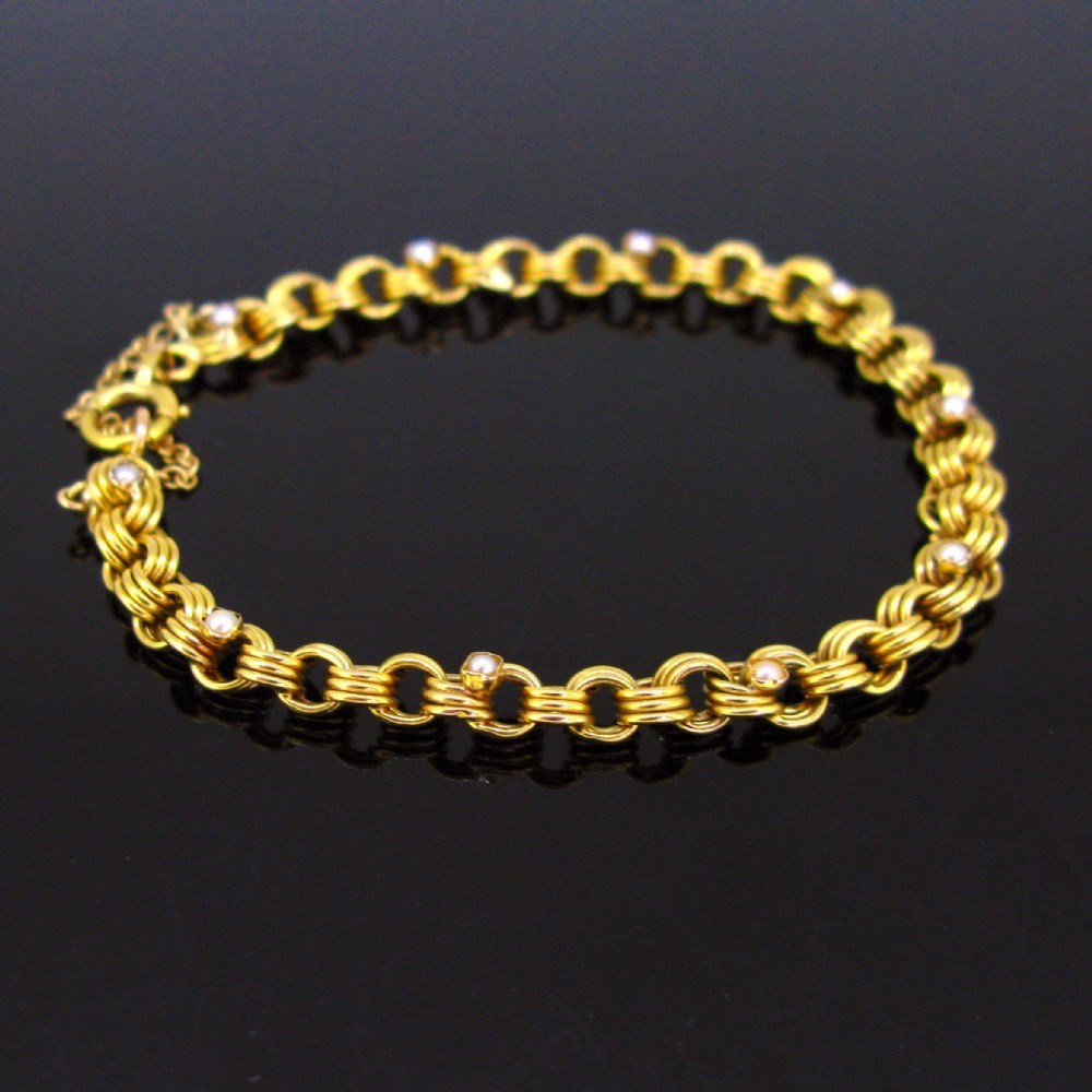 Antique Victorian Pearls Triple Parallel Link Bracelet, 6.5in, 18kt yellow gold, France