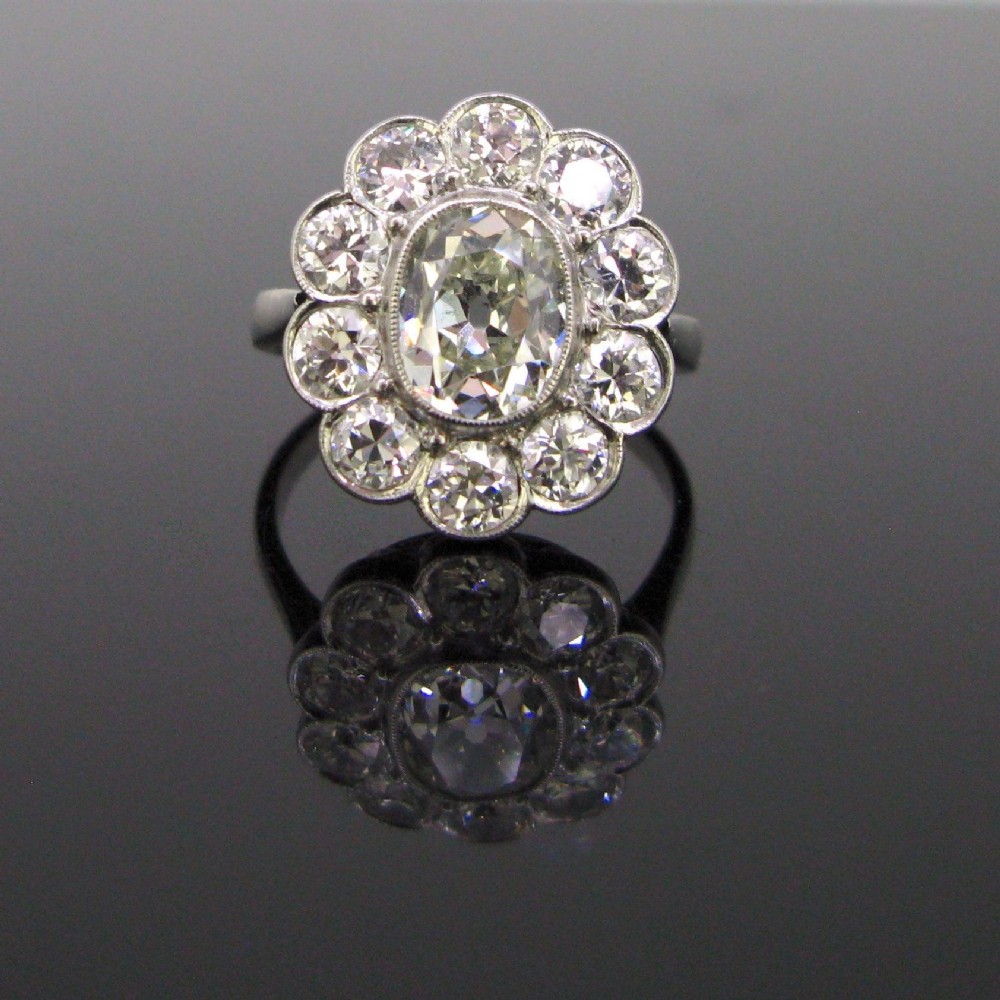 1.60 Carat Oval Cushion Cut Diamond Cluster Edwardian Platinum Engagement Ring