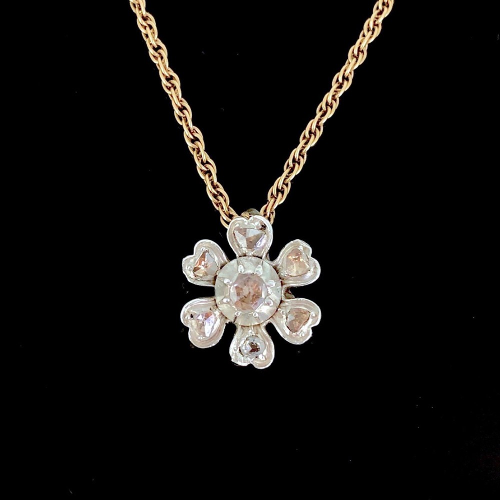 Antique Georgian Rose cut Diamonds Flower Pendant, 18kt yellow gold and silver, 