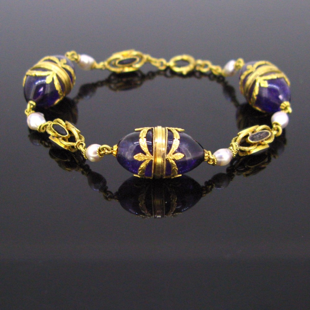 French Victorian Napoléon III Amethyst Jet Pearls Bracelet
