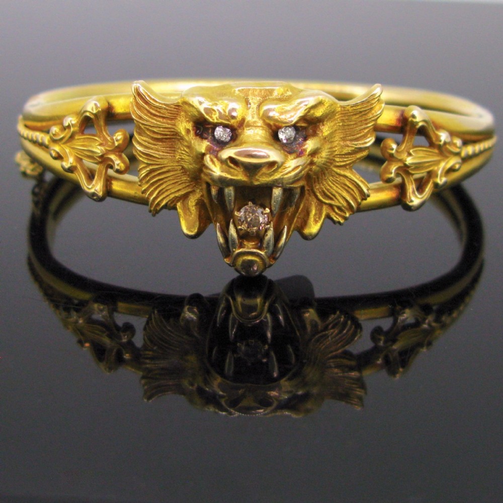 Art Nouveau Chimera Lion Diamonds Yellow Gold Bangle Bracelet