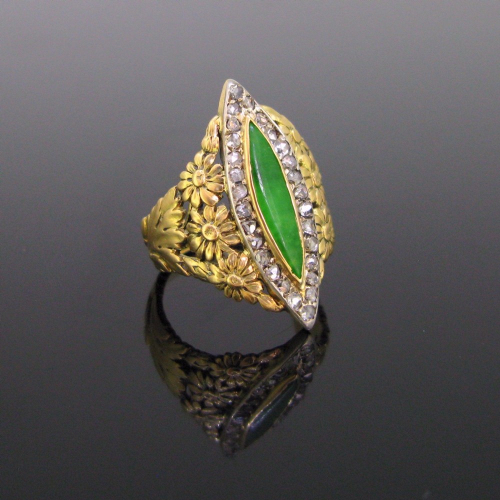 Art Nouveau Jadeite Jade Diamonds Yellow Gold Platinum Marquise Ring