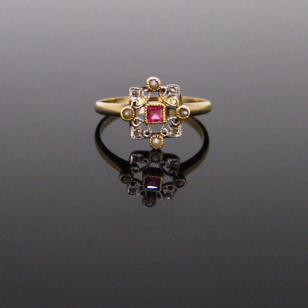 Antique Paste Pink Stone Seed Pearls and rose cut Diamonds Ring, 18kt Rose and Yellow Gold, circa 1910