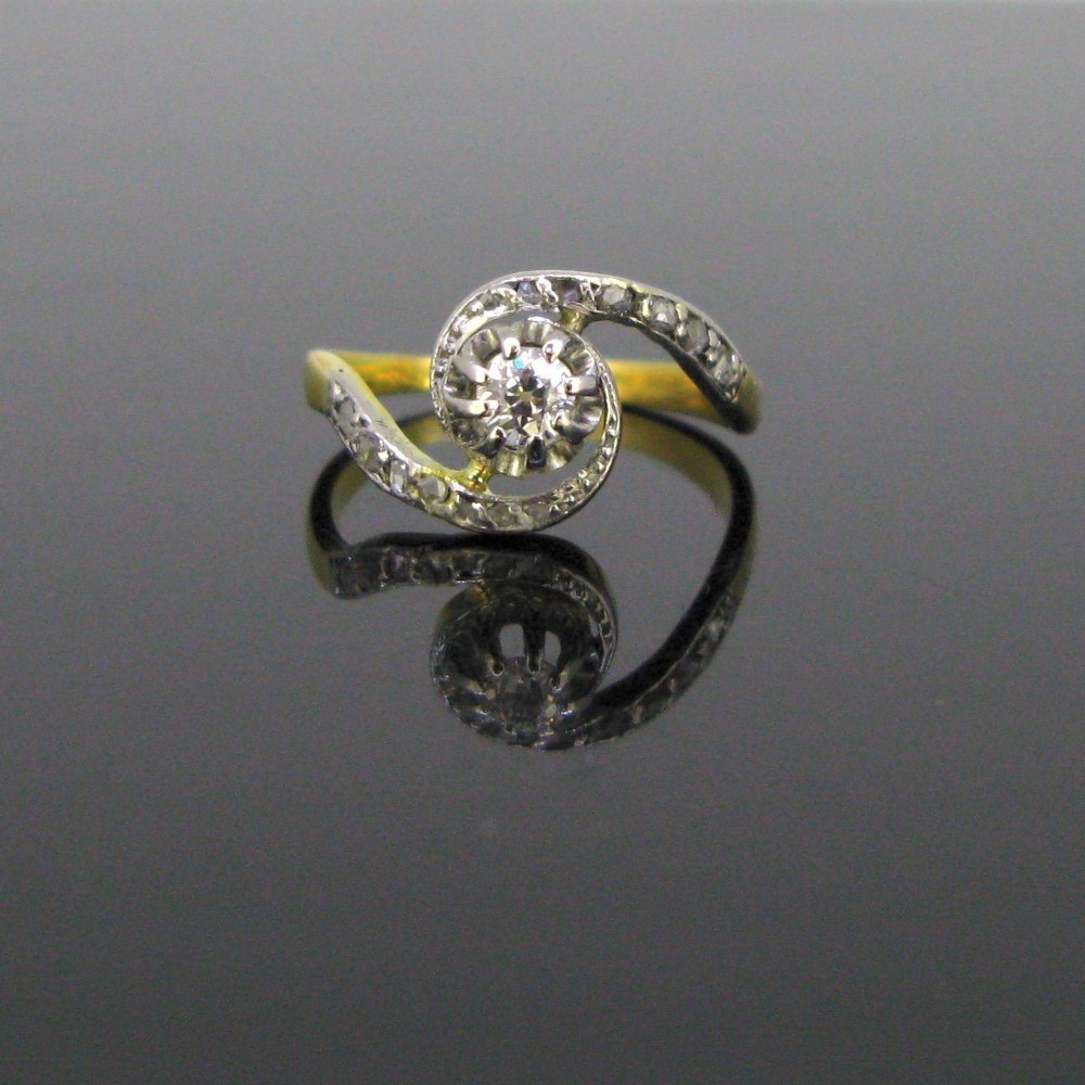 Antique Art Nouveau Diamonds Tourbillon Ring, 18kt Gold and Platinum, circa 1910