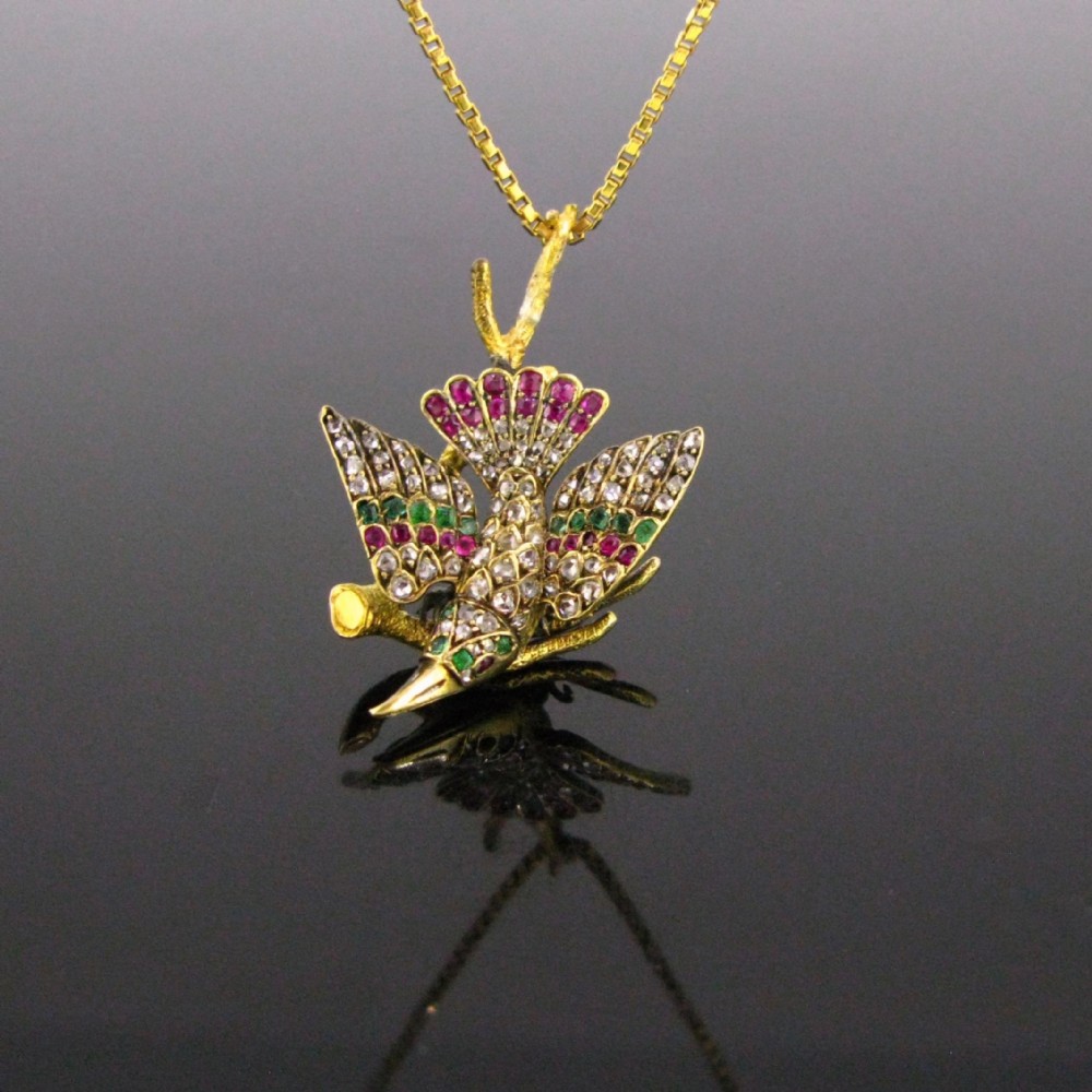 Antique Victorian Emerald, Ruby and Rose cut Diamonds Bird on a branch pendant, 18kt yellow gold, circa 1890, Austria