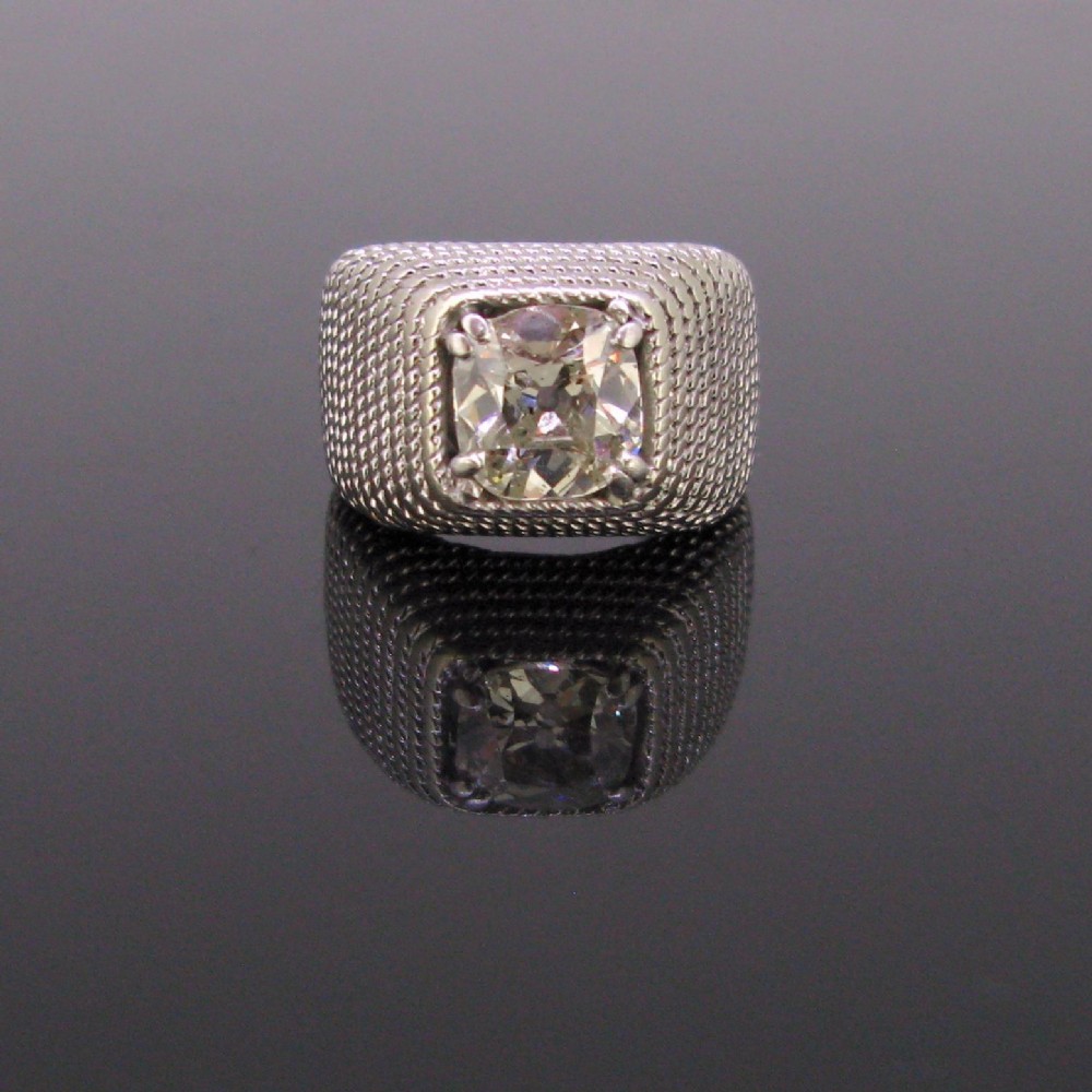 Retro 1.60ct Square Cushion Cut Diamond Signet Ring, 18kt white Gold, circa 1930