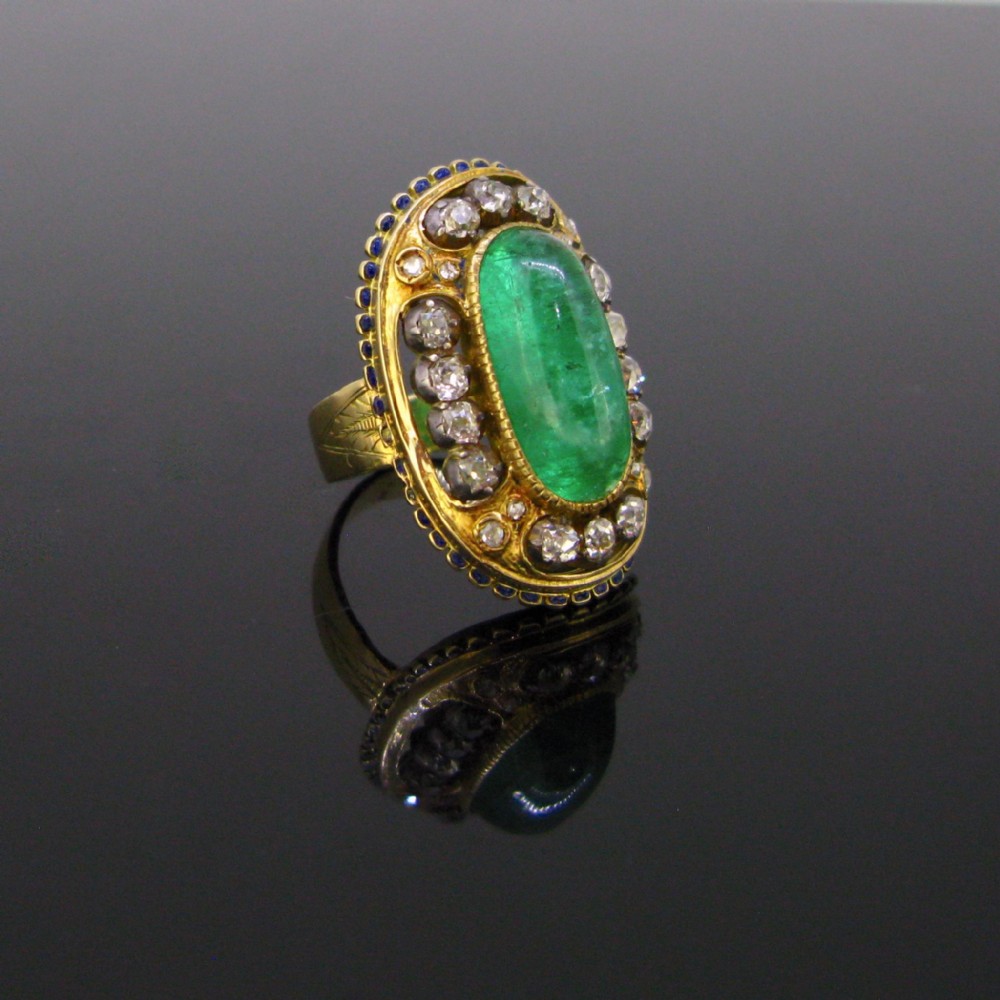 Antique Victorian Cabochon Cut Emerald and Diamonds Enamel Ring, 18kt yellow gold and silver, France, circa 1880