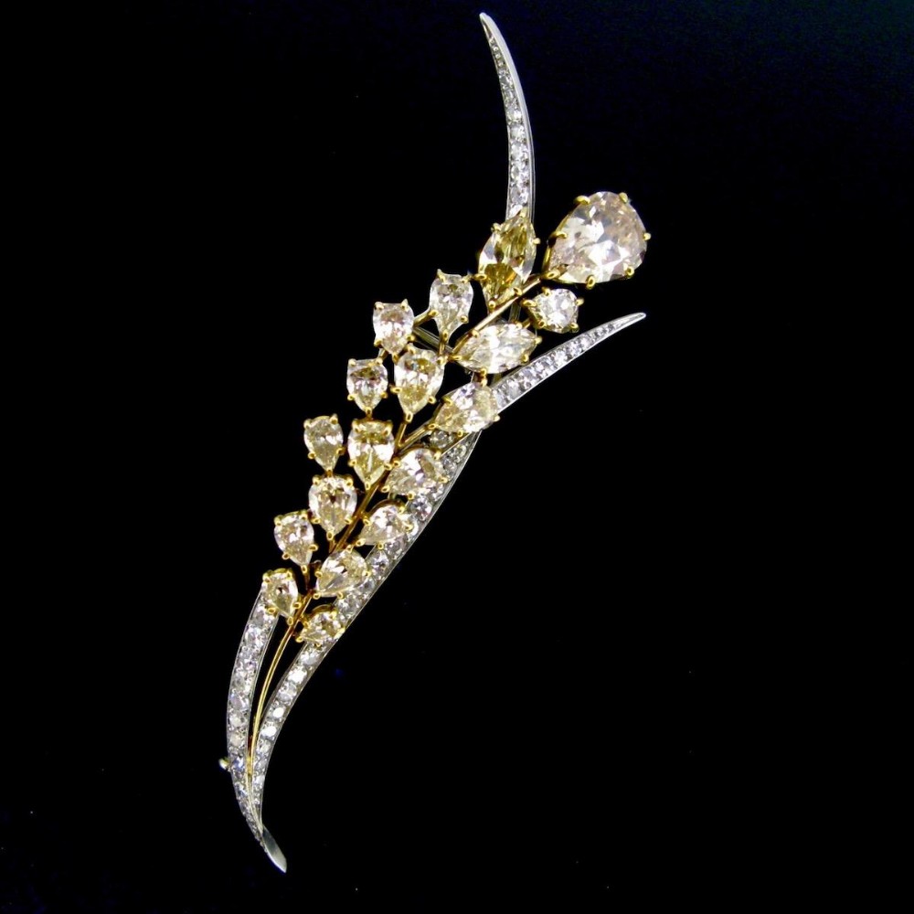Antique Belle Epoque Sheaf of Wheat 10ct Pear Shape Brown Diamonds Brooch by Paillette, 18kt yellow gold and platinum, France, circa 1920