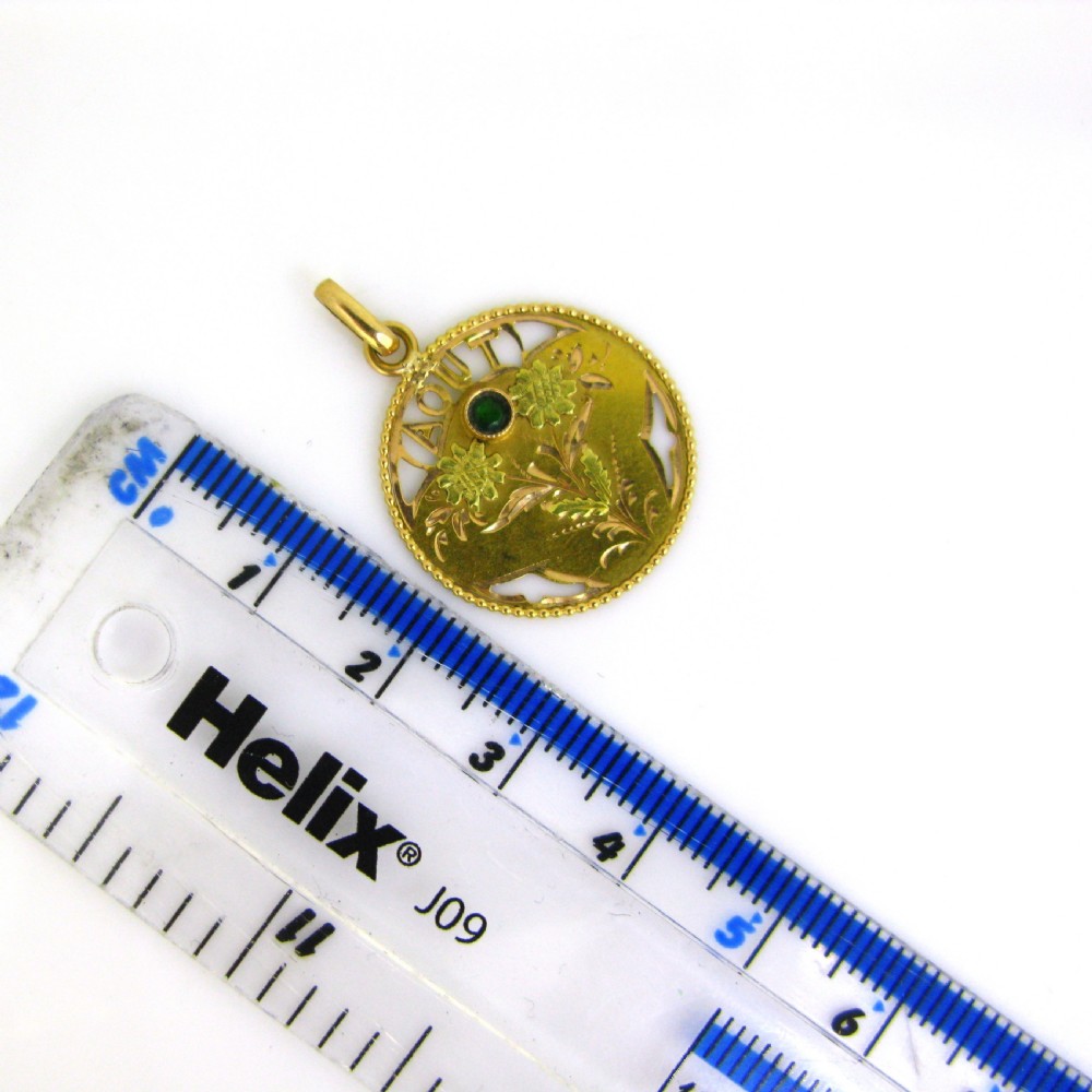 Antique Art Nouveau August Green stone Pendant, 18kt gold, France, circa 1900 View III