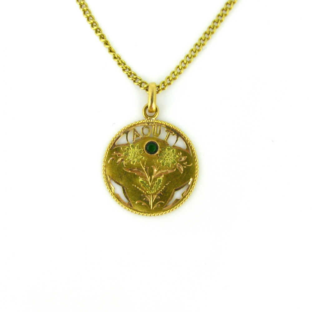 Antique Art Nouveau August Green stone Pendant, 18kt gold, France, circa 1900 View IV
