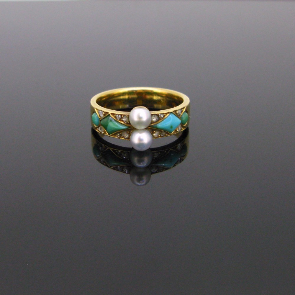 Antique Victorian Natural Pearls Turquoises Diamonds Ring, 18kt yellow Gold, France, circa 1880