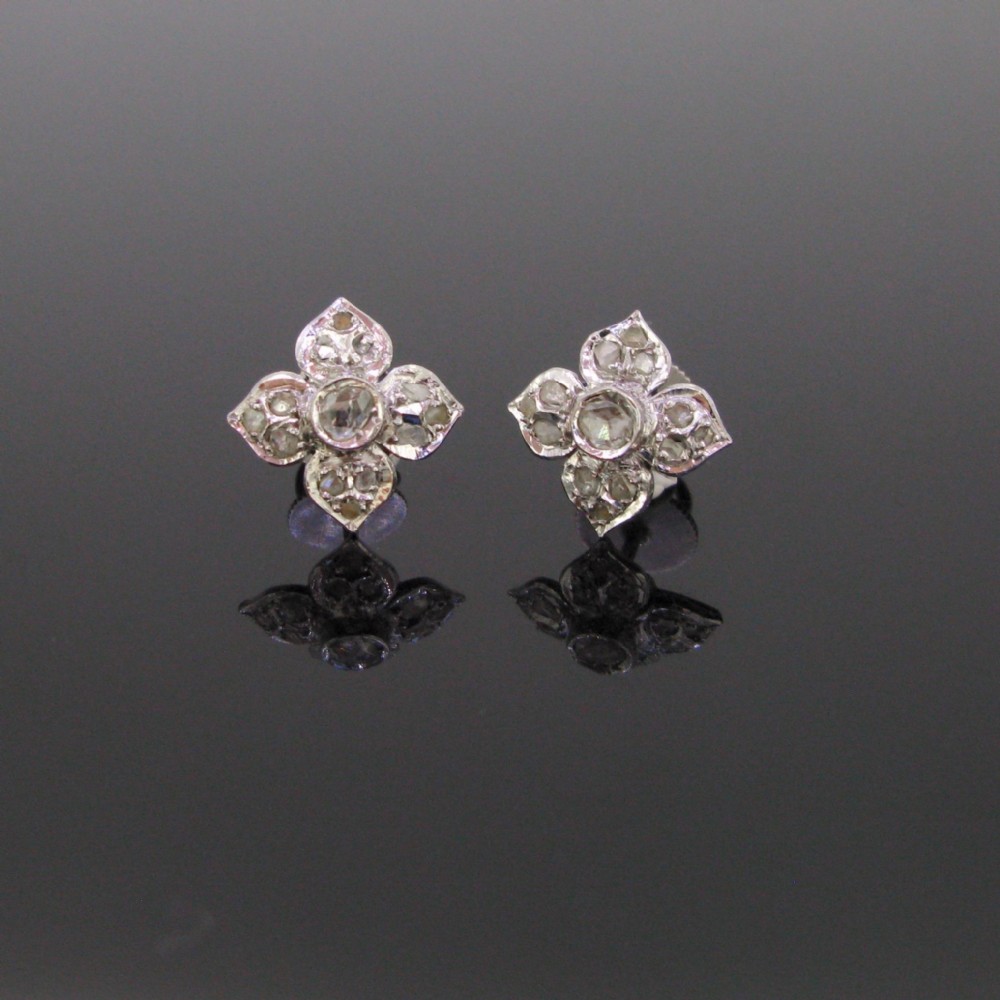 Antique Victorian Rose cut Diamonds Flowers Studs, Silver and 12kt gold, circa 1880