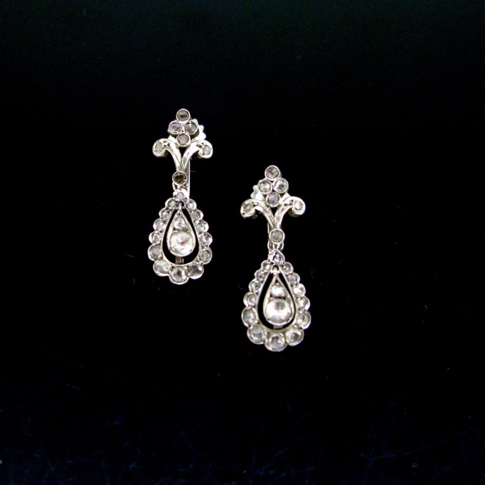 Antique Victorian Rose cut Diamonds Flowers Screw Back Earrings, Silver and 12kt gold, circa 1880