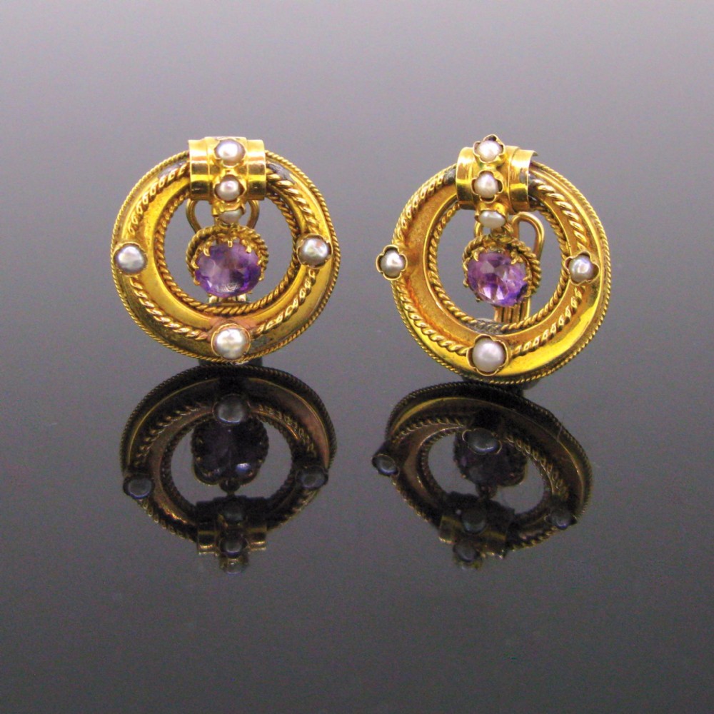 Victorian Amethysts and Seed Pearls Earrings Clip, 18kt yellow gold, circa 1880