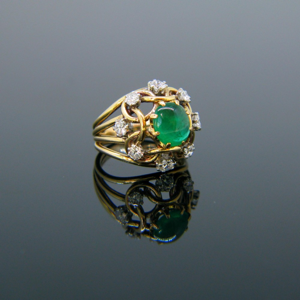 Retro Emerald Cabochon and Diamond Ring, 18kt Yellow Gold, circa 1960