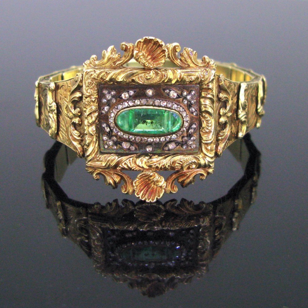 Antique Victorian Emeralds and Diamonds Bracelet, 14kt yellow gold and silver, circa 1880