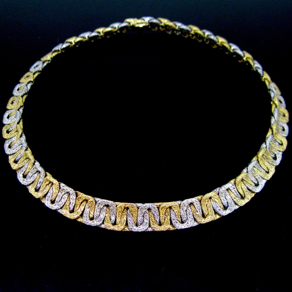Two Tones Gold Woven Collar Necklace by Georges Lenfant, 18kt yellow and white gold, France, circa 1965