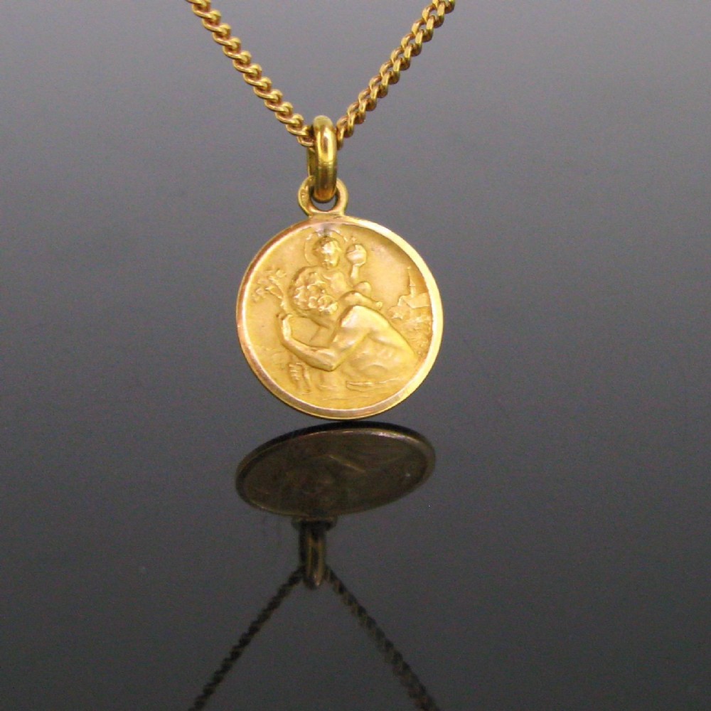 Vintage St Christophe Medal Pendant by Becker, France, 18kt Yellow Gold