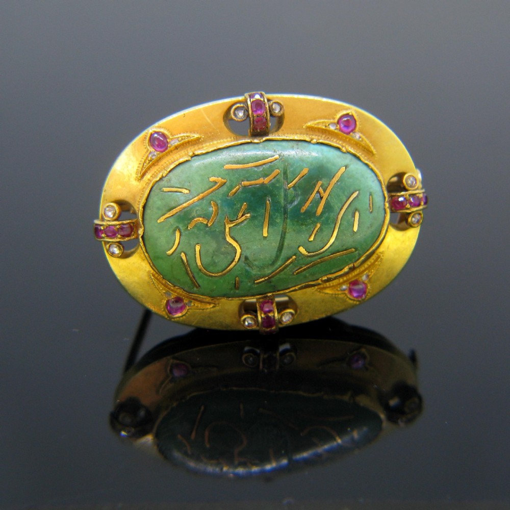 Antique Turquoise Rubies and Rose Cut Diamonds Brooch, 18kt Yellow Gold, circa 1900