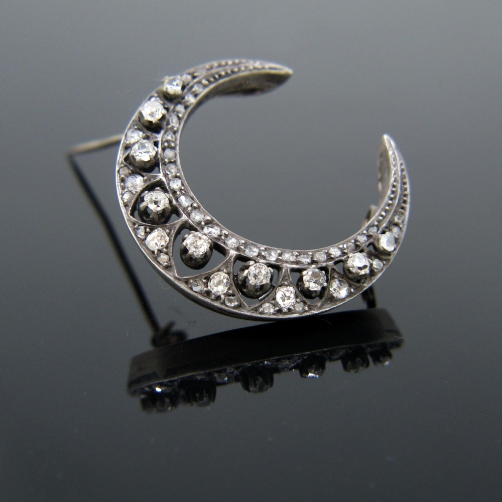 Antique Victorian Rose and Old Cut Diamonds Crescent Brooch, 18kt Gold and Silver