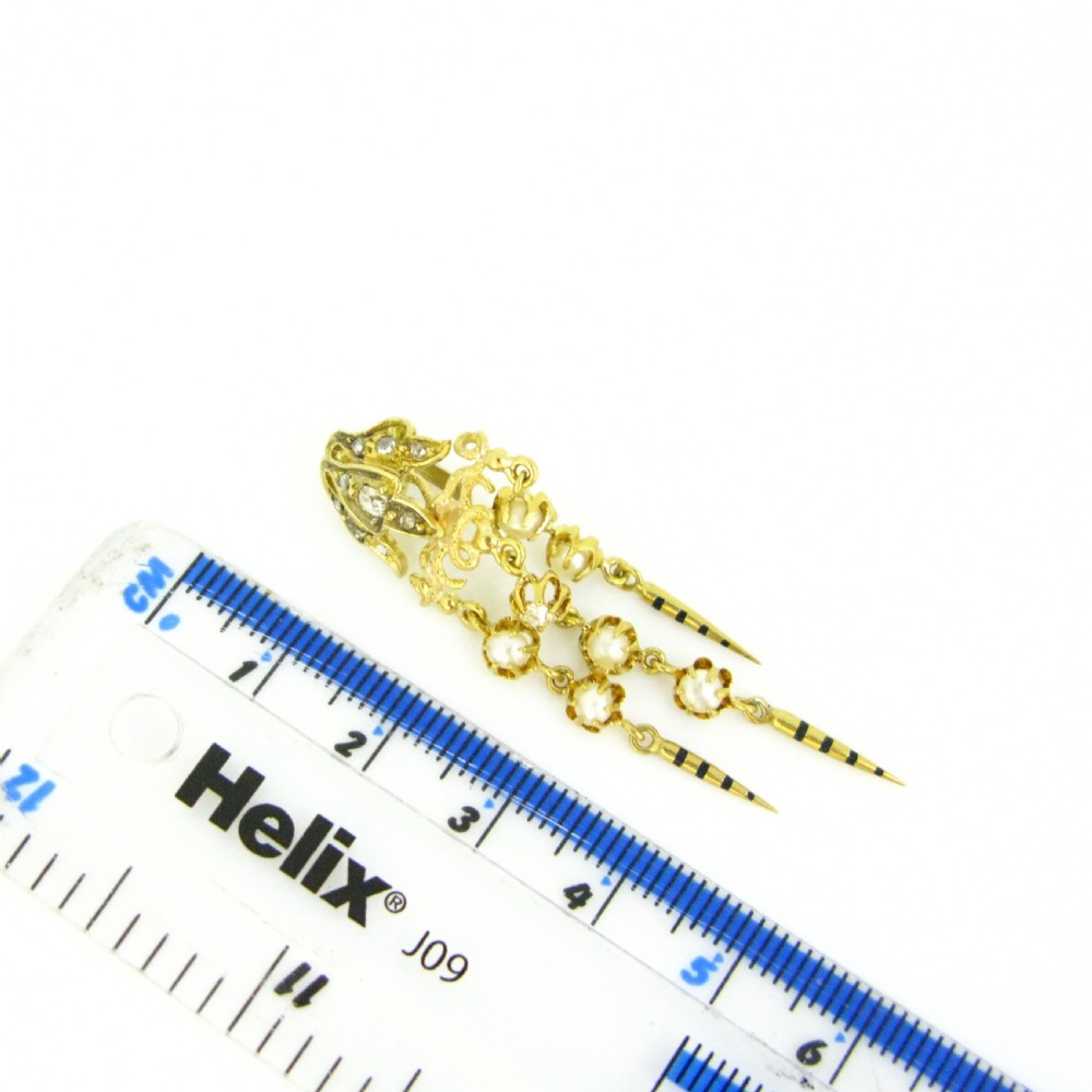 Antique Victorian Diamonds and Pearl Pendant, 18kt yellow gold and enamel, circa 1880 View IV