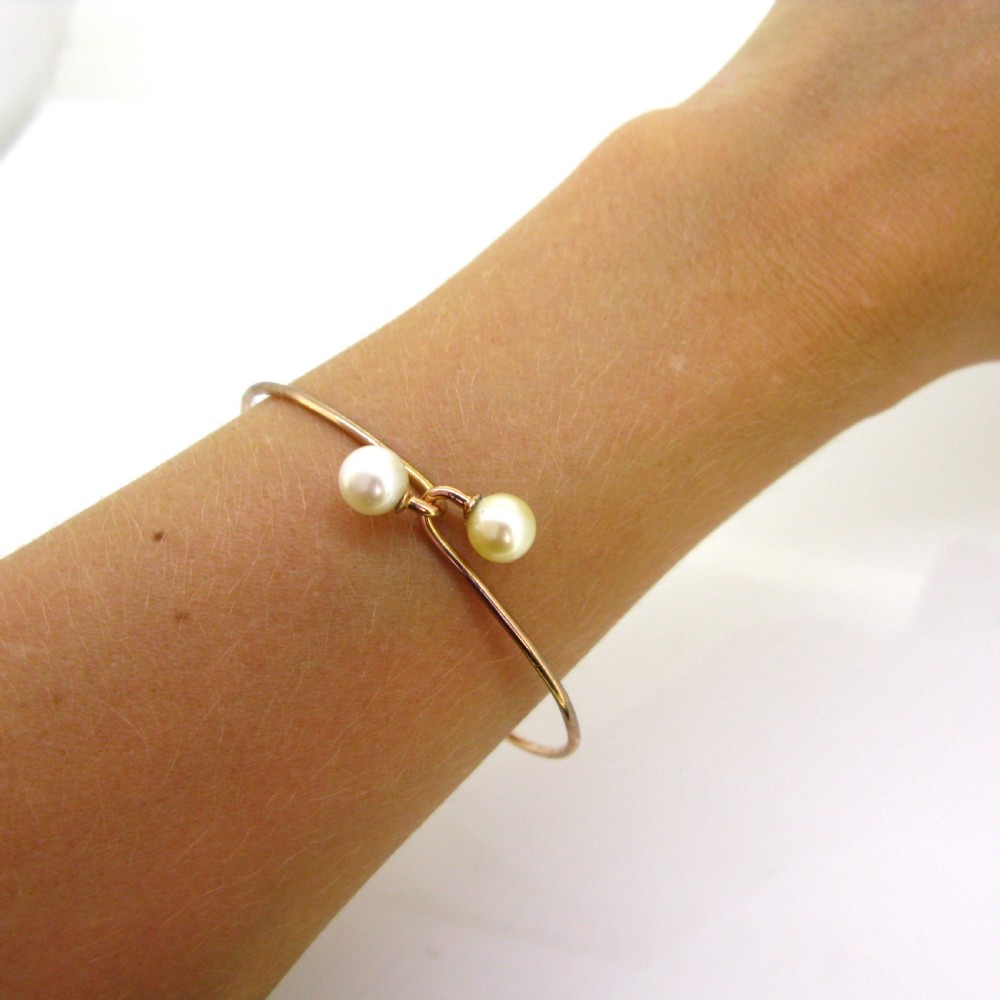Antique Art Nouveau 2 Cultured Pearls Bangle Bracelet, 18kt Rose Gold, France, circa 1910 View III
