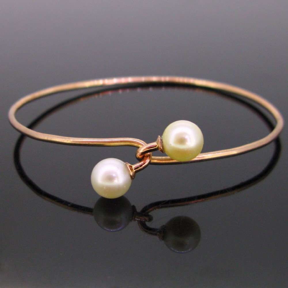 Antique Art Nouveau 2 Cultured Pearls Bangle Bracelet, 18kt Rose Gold, France, circa 1910
