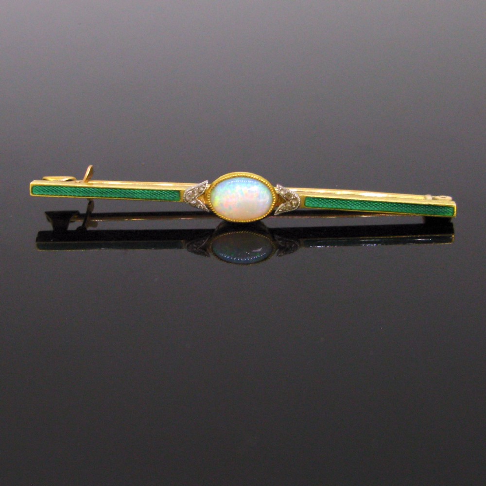 Antique Edwardian Opal Rose cut Diamonds Enamel Bar Brooch, 18kt yellow gold and platinum, circa 1910