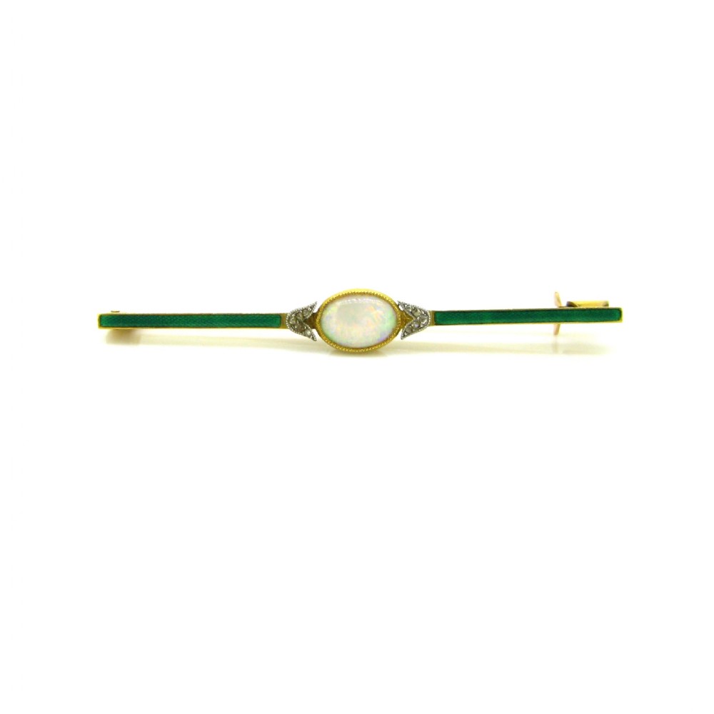 Antique Edwardian Opal Rose cut Diamonds Enamel Bar Brooch, 18kt yellow gold and platinum, circa 1910 View IV