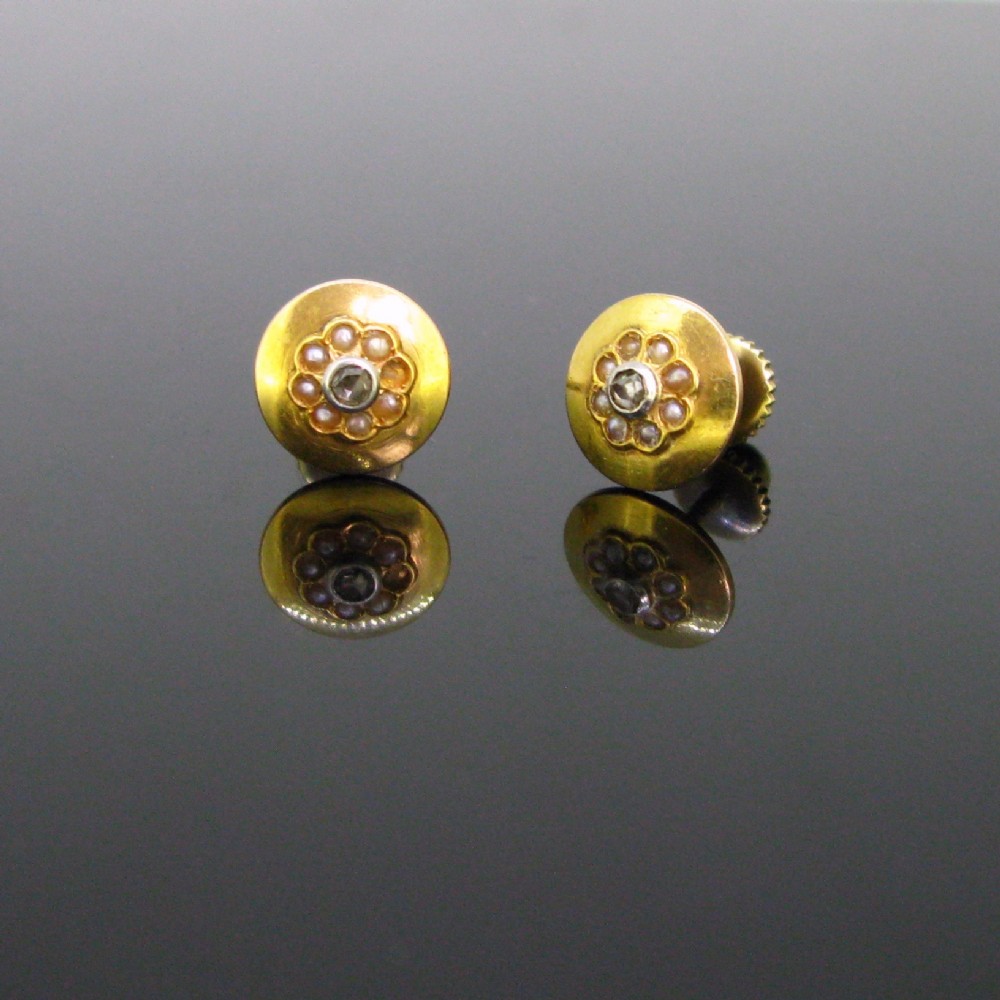 Antique Rose cut Diamonds Pearls Studs, 18kt gold and platinum, circa 1910