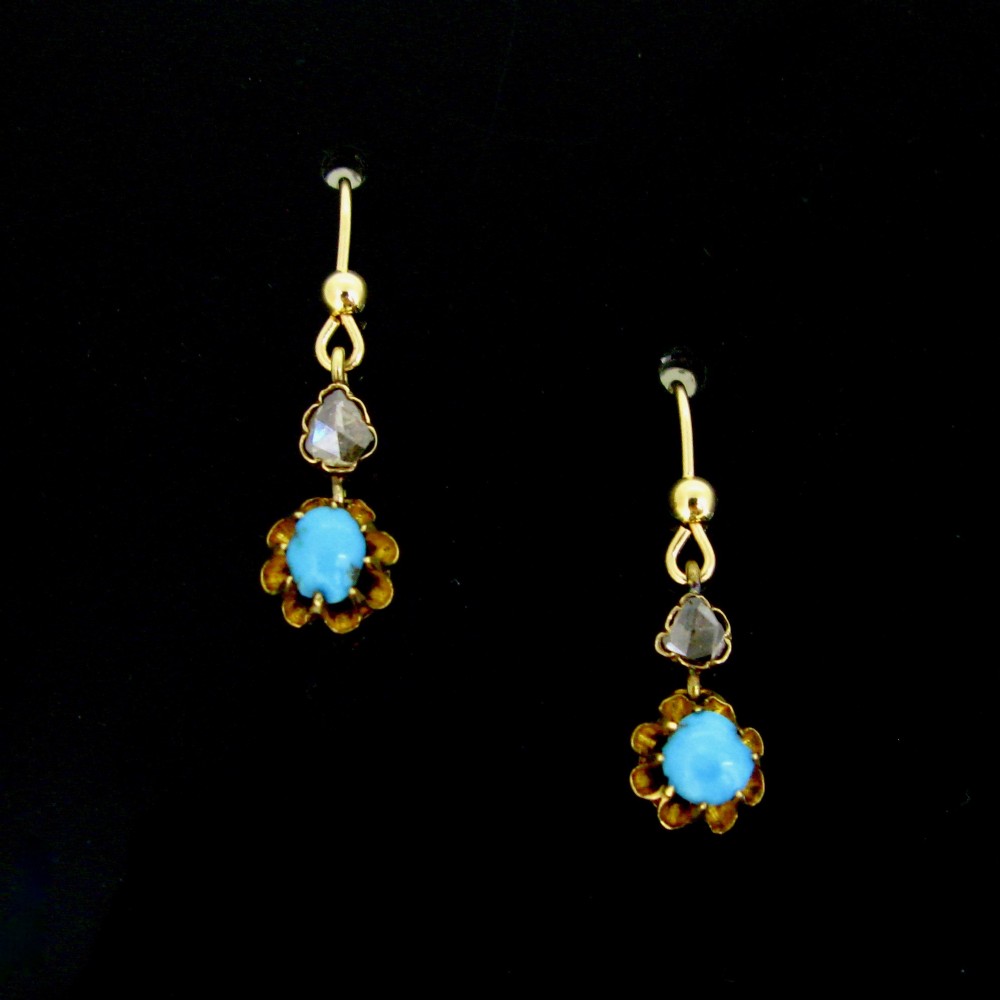 Antique Victorian Turquoises and Rose cut Diamonds Earrings, 18kt rose gold, circa 1880