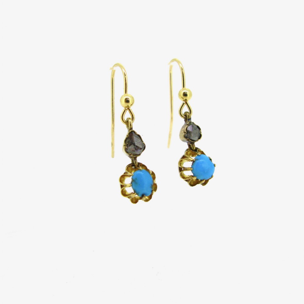 Antique Victorian Turquoises and Rose cut Diamonds Earrings, 18kt rose gold, circa 1880 View IV