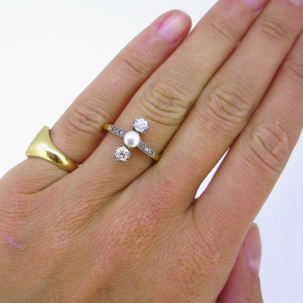 Antique Edwardian Pearl and Diamonds Ring, France, circa 1910 View III