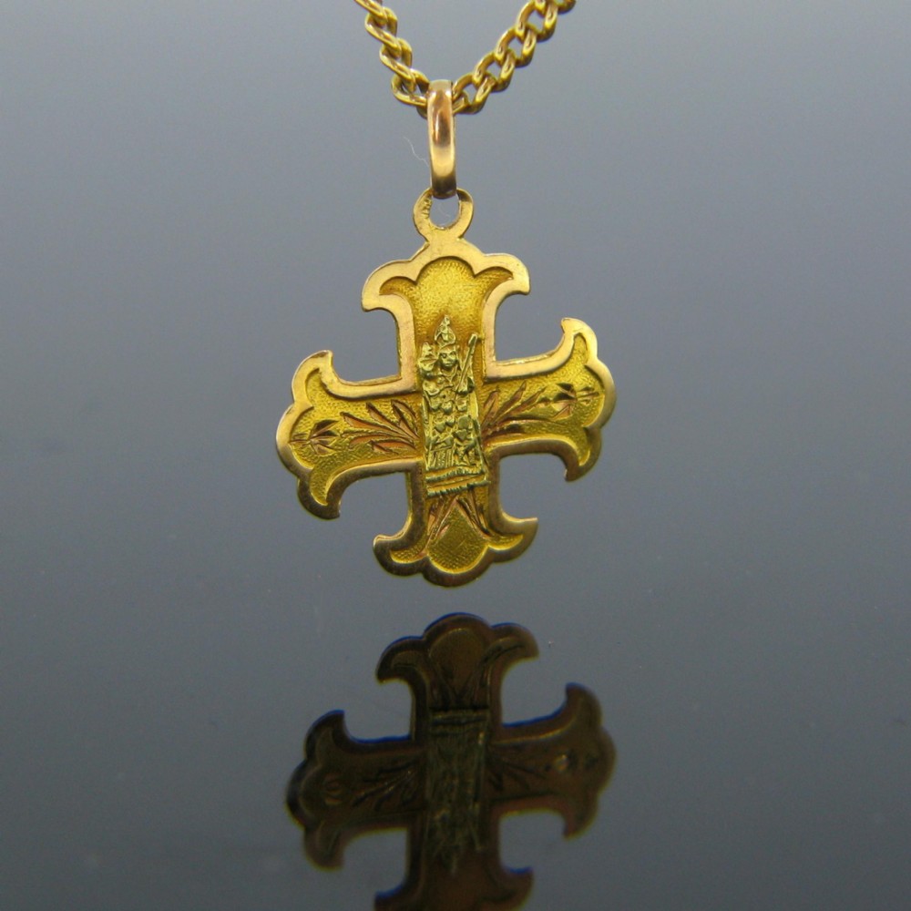 Antique Virgin Mary Medal / Laghet Cross Shape Medal, 18kt Gold, France circa 1900