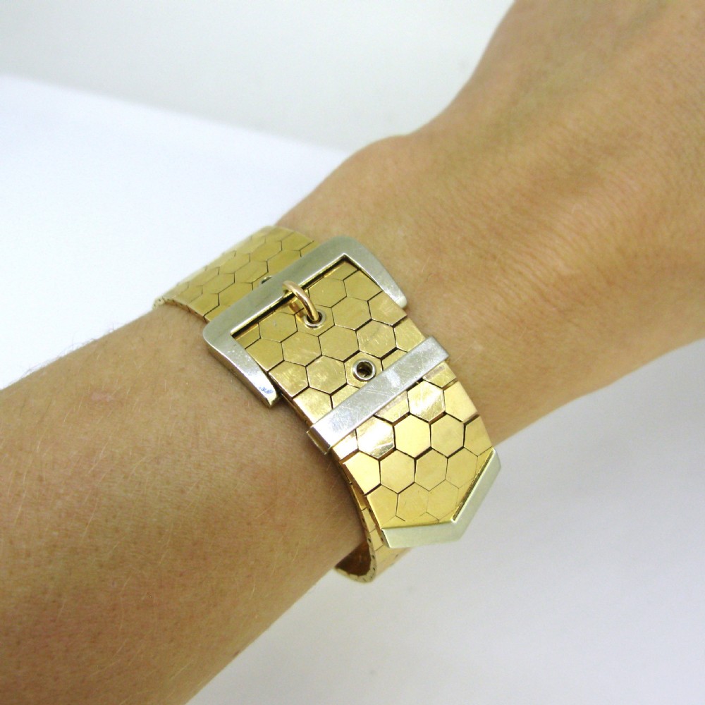 Retro Two Tones Gold Belt Buckle Bracelet, 18kt yellow and white gold, France, circa 1940
 View VI