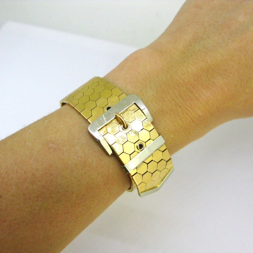 Retro Two Tones Gold Belt Buckle Bracelet, 18kt yellow and white gold, France, circa 1940
 View IX
