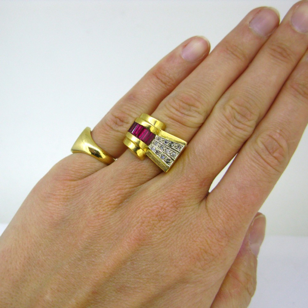 Retro French Tank Ring, 18kt yellow gold and platinum, France, circa 1940 View VI