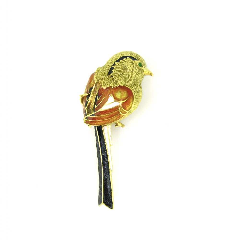 Vintage Enamel Bird on a Branch Brooch, 18kt yellow gold, France, circa 1960 View II