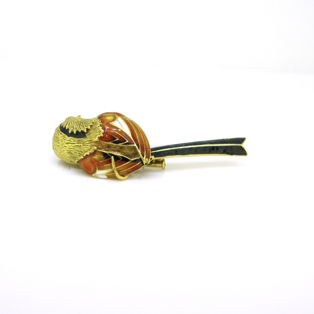 Vintage Enamel Bird on a Branch Brooch, 18kt yellow gold, France, circa 1960 View III