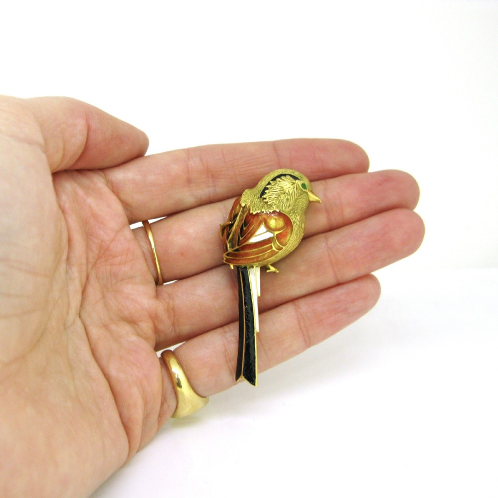 Vintage Enamel Bird on a Branch Brooch, 18kt yellow gold, France, circa 1960 View V